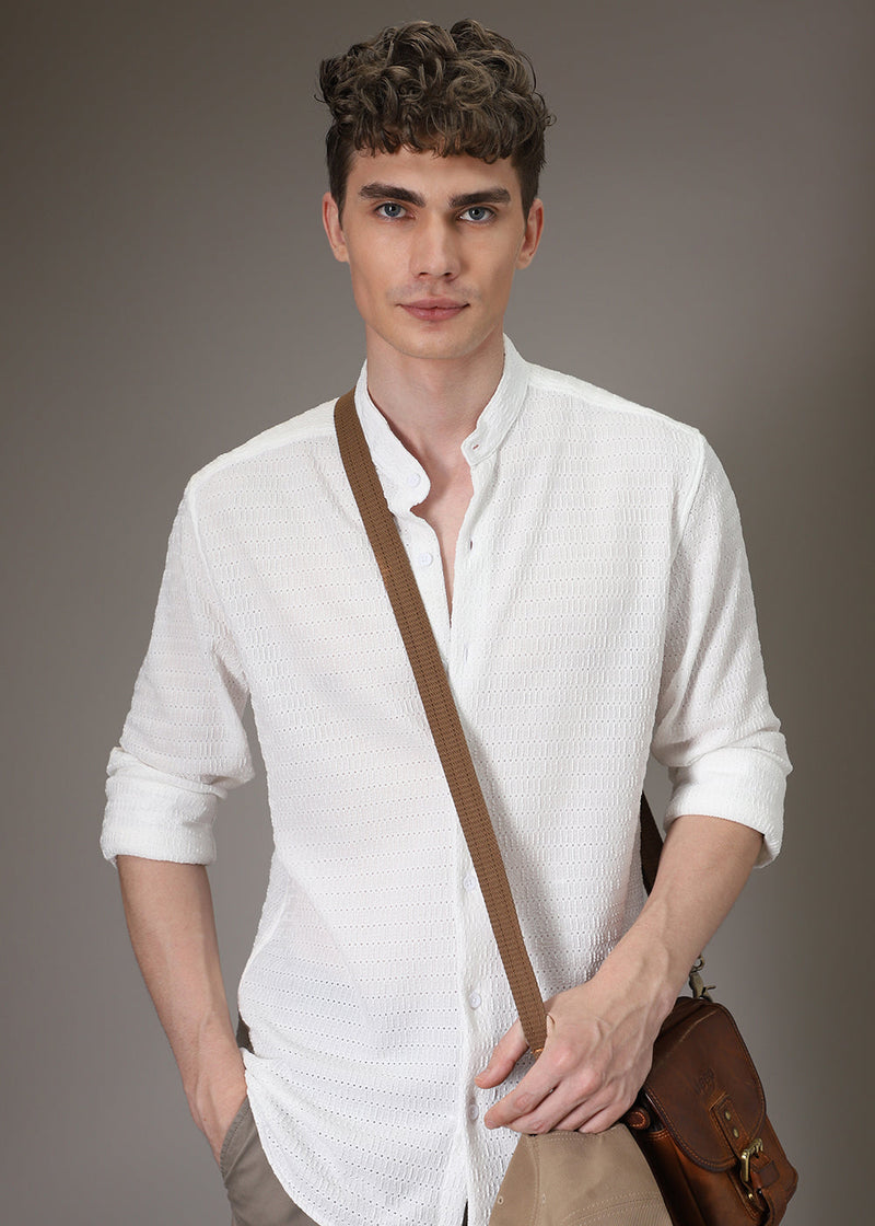 Marble White Plain Knitted Crochet Shirt