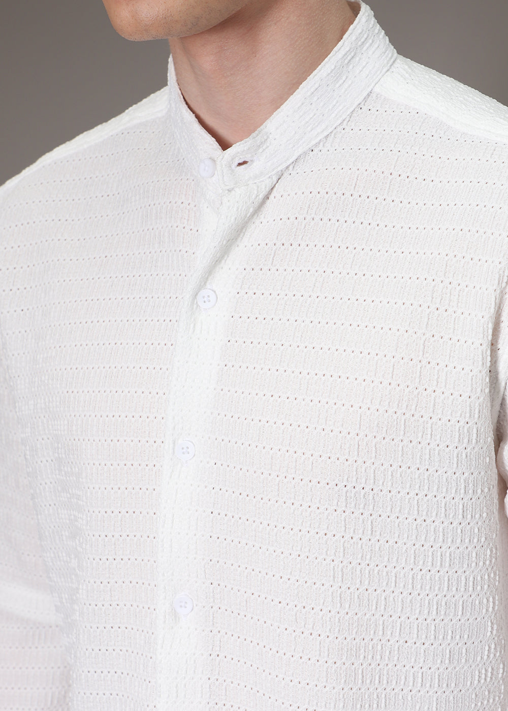 Marble White Plain Knitted Crochet Shirt