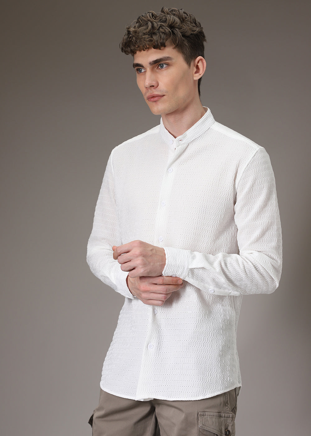 Marble White Plain Knitted Crochet Shirt