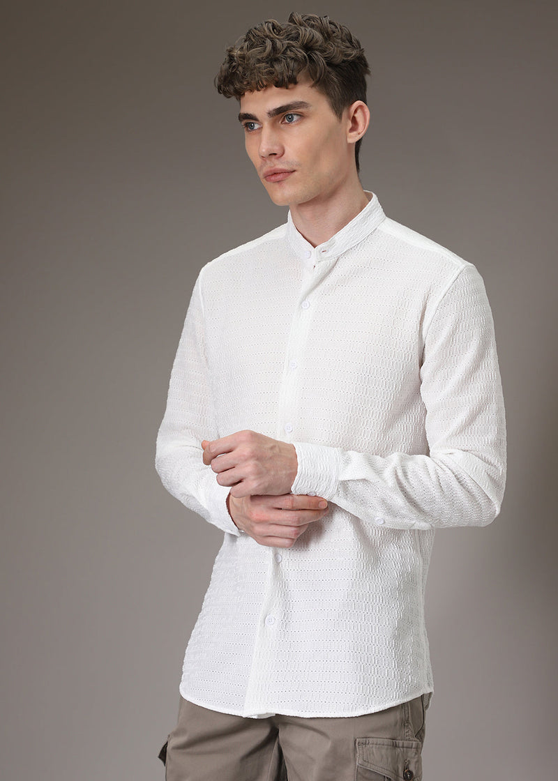 Marble White Plain Knitted Crochet Shirt
