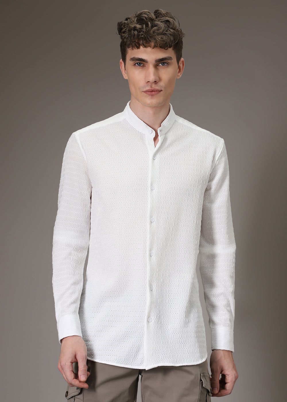 Marble White Plain Knitted Crochet Shirt