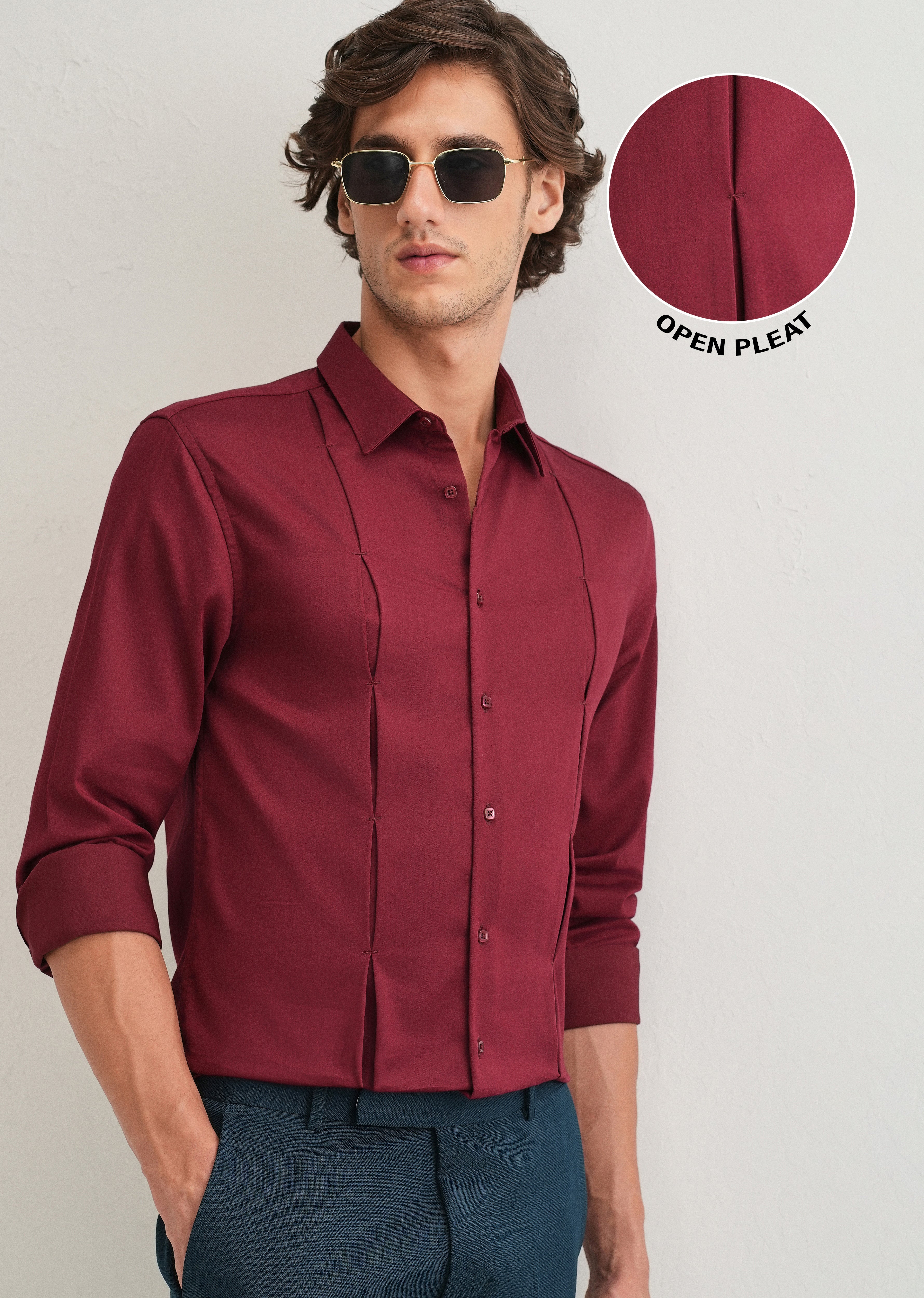 Maroon Front Panel Open Pleat Shirt