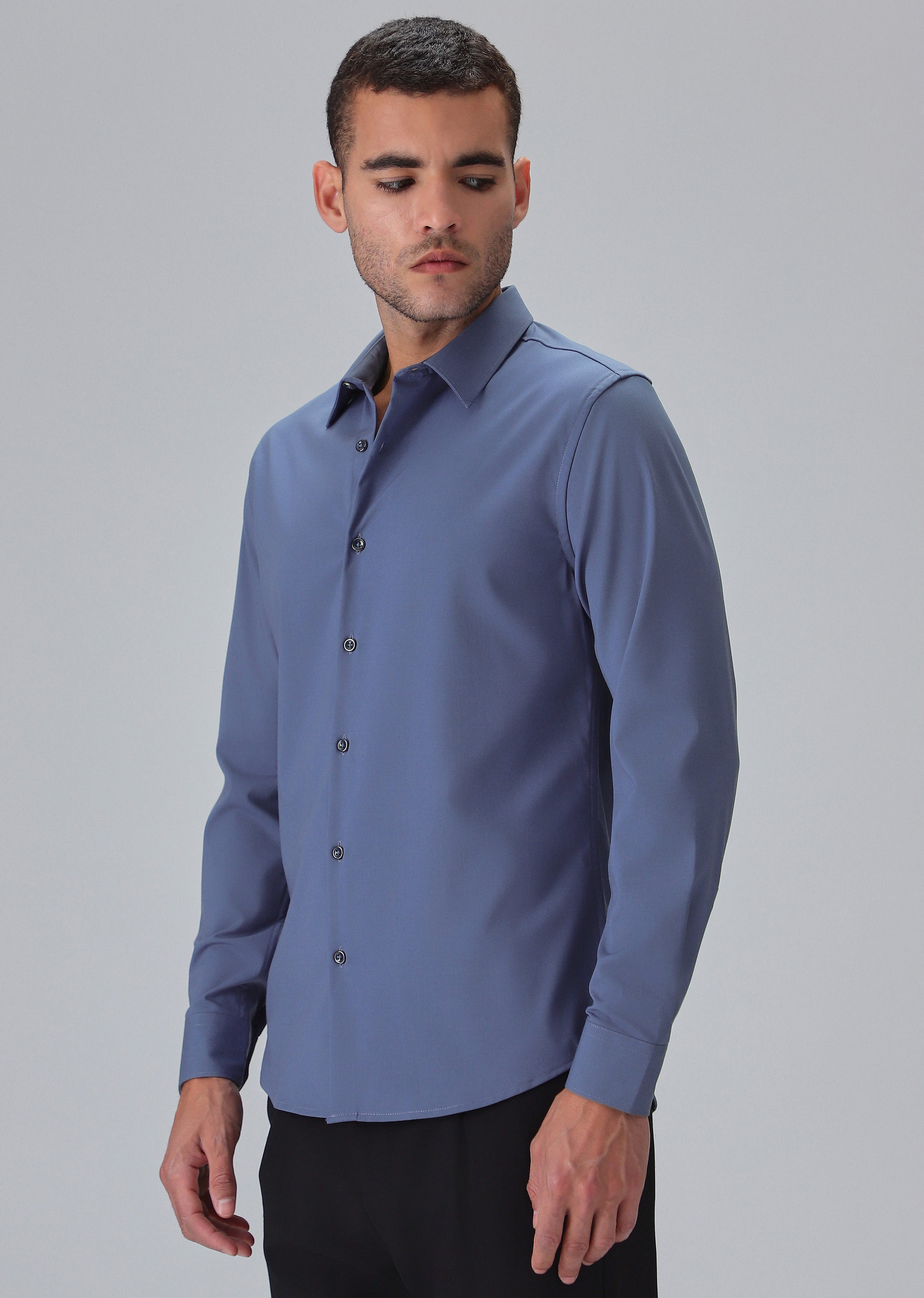 Melange Blue Plain Wrinkle Free Shirt