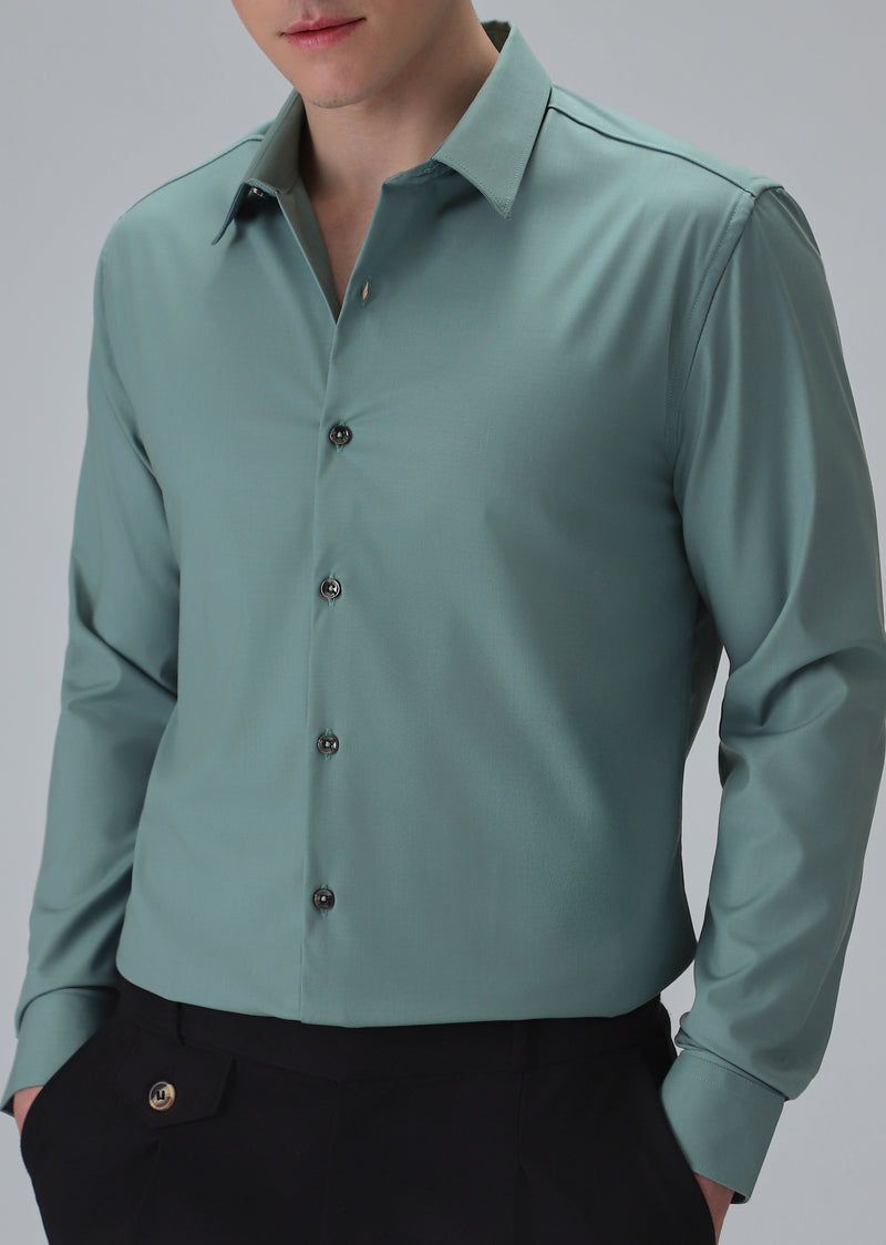 Melange Green Plain Wrinkle Free Shirt