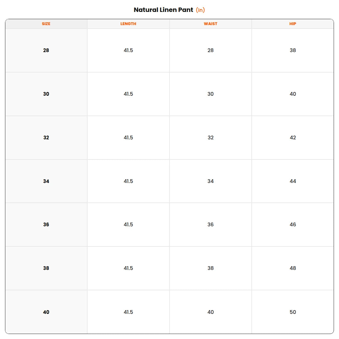 Size chart - Natural Linen Pant