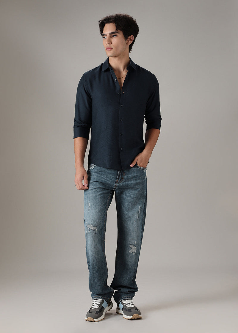 Navy Blue Plain Crushed Satin Shirt