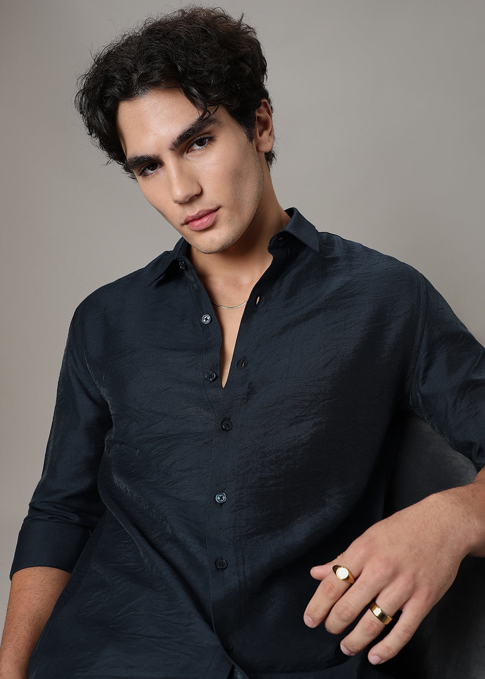 Navy Blue Plain Crushed Satin Shirt