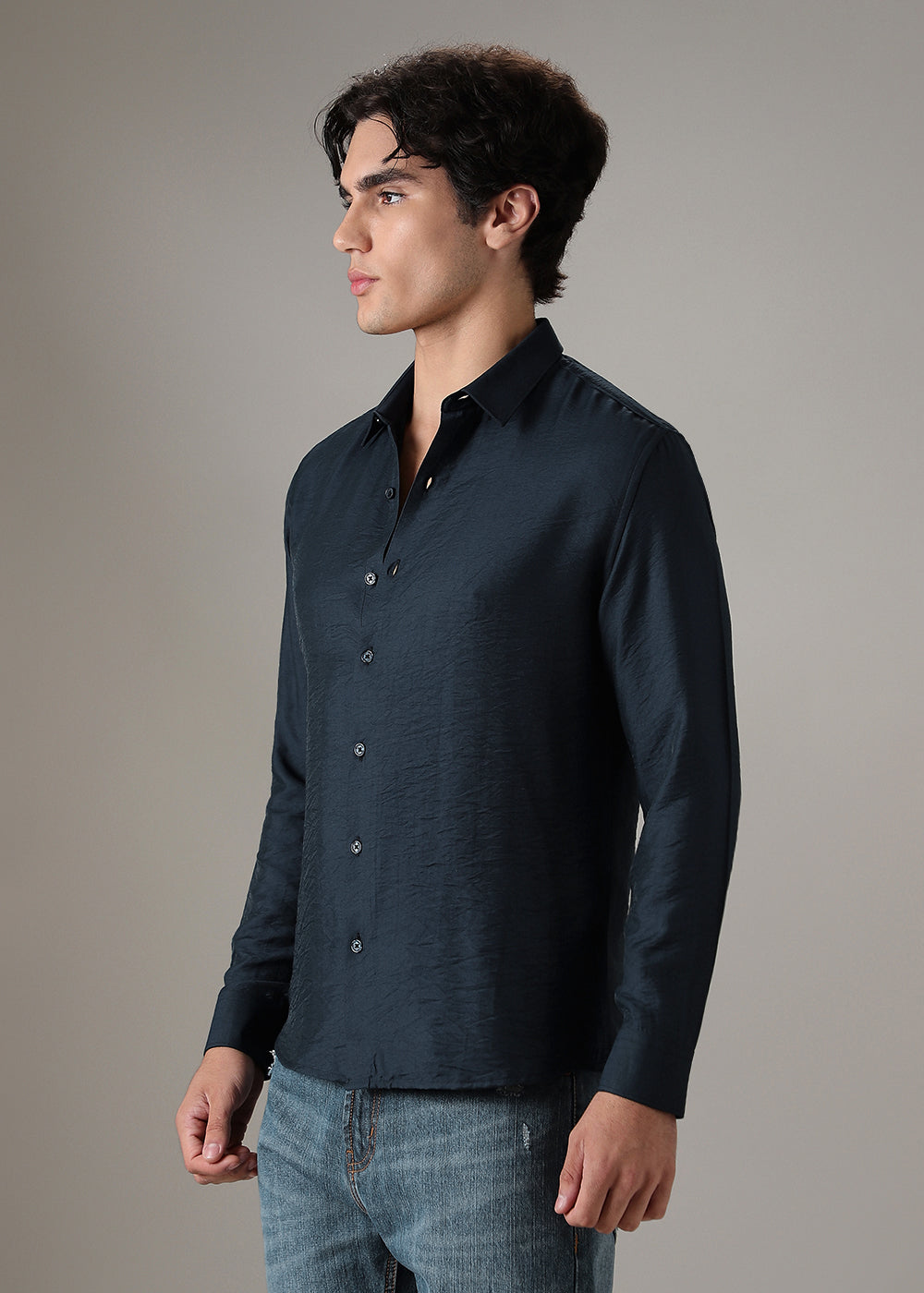 Navy Blue Plain Crushed Satin Shirt