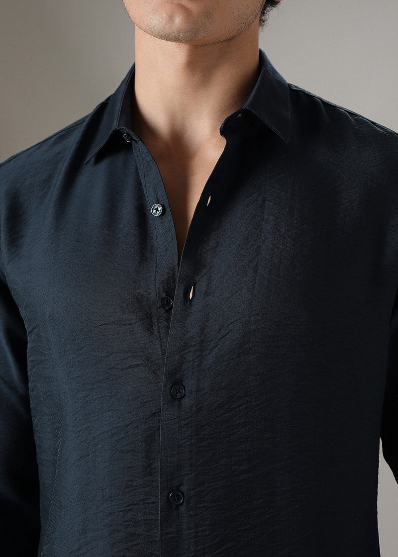 Navy Blue Plain Crushed Satin Shirt