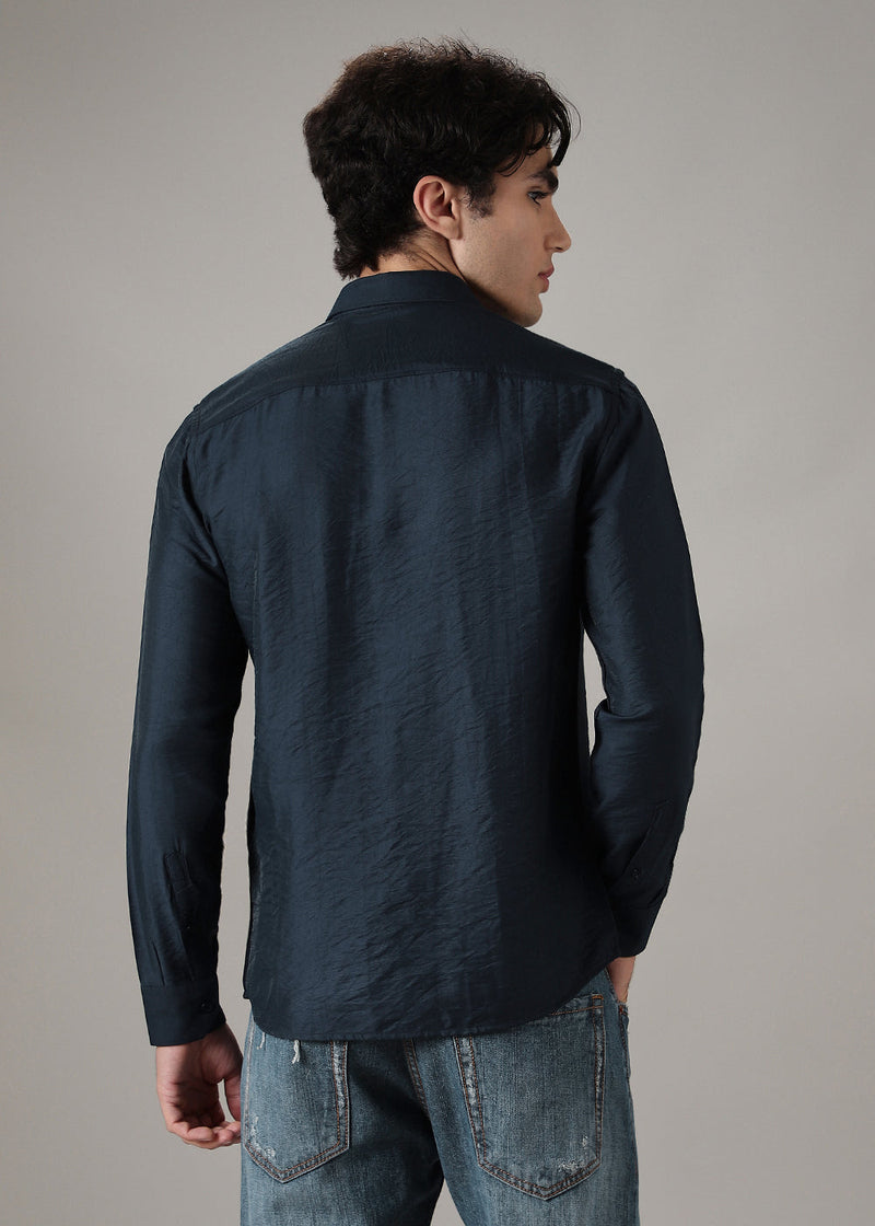 Navy Blue Plain Crushed Satin Shirt