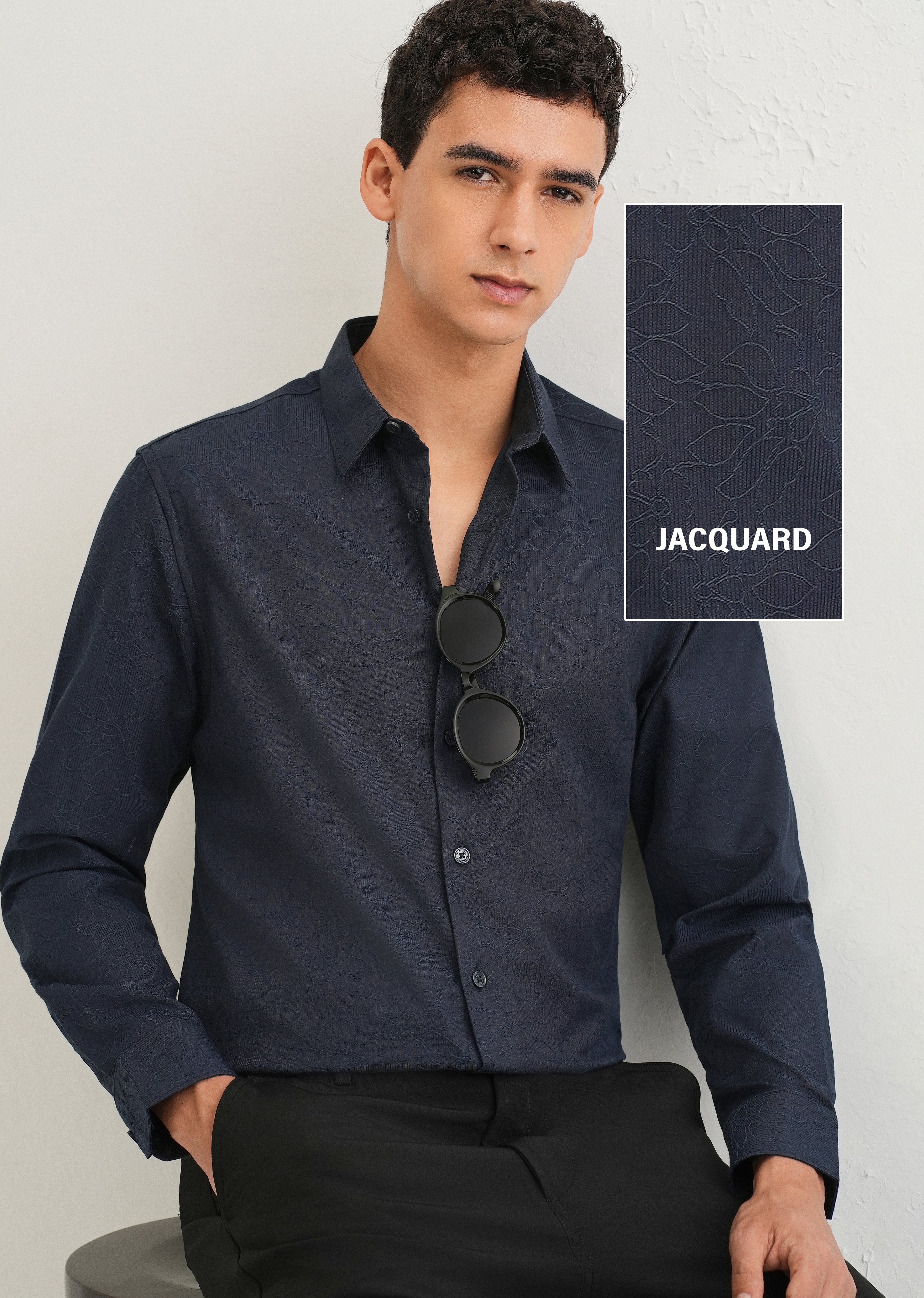 Navy Blue Floral Jacquard Shirt