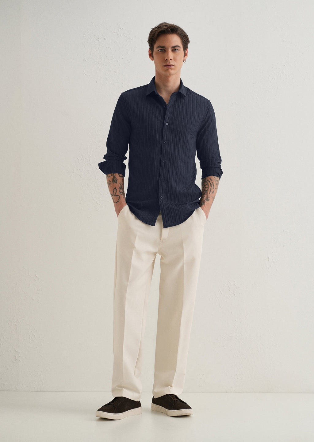 Navy Blue Plain Self Striped Shirt