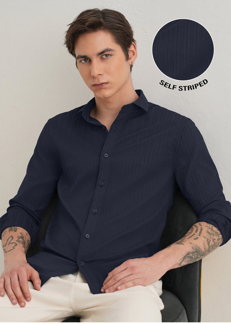 Navy Blue Plain Self Striped Shirt