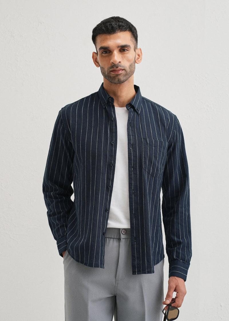 Navy Blue Striped Cotton Linen Shirt