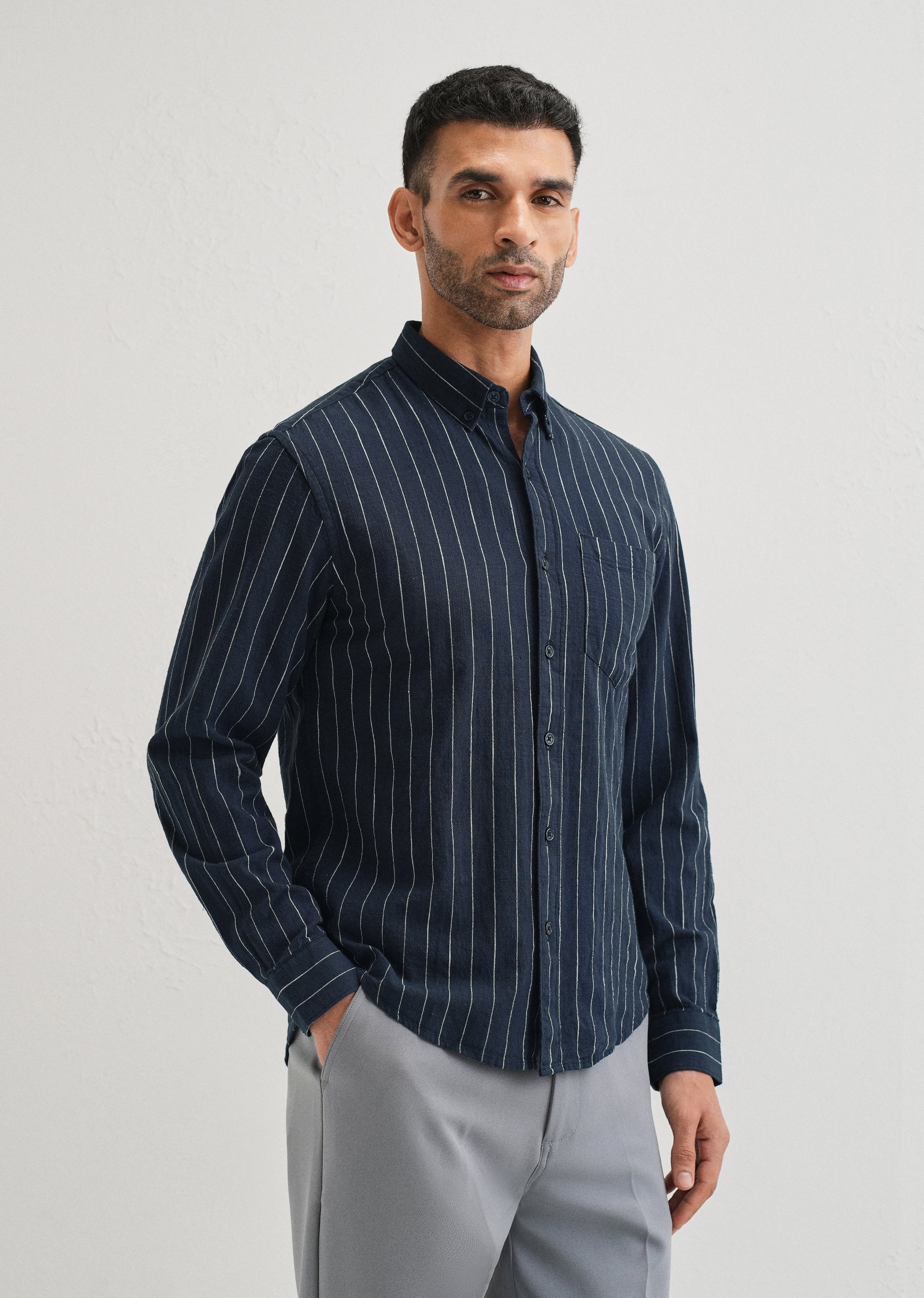Navy Blue Striped Cotton Linen Shirt