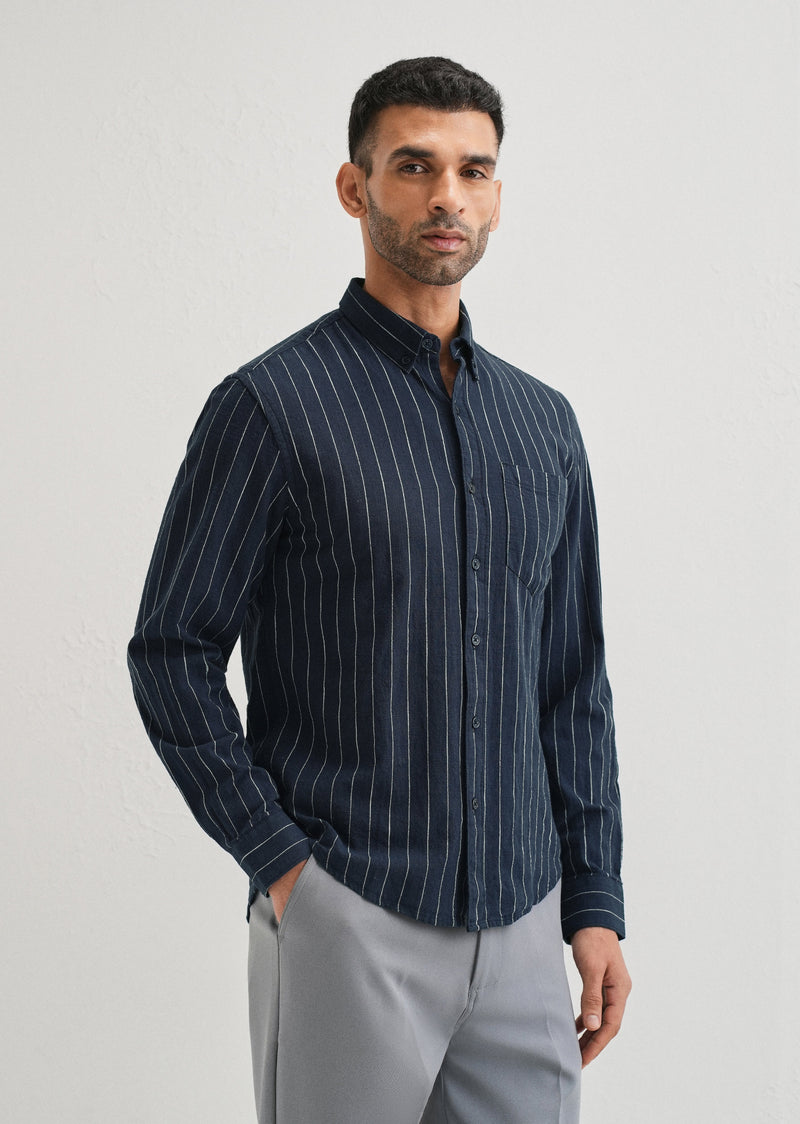 Navy Blue Striped Cotton Linen Shirt