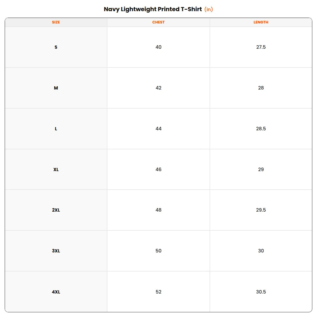Size chart - Navy Lightweight Printed T-Shirt