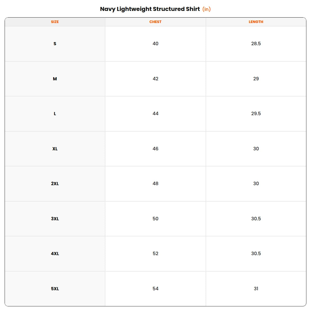 Size chart - Navy Lightweight Structured Shirt
