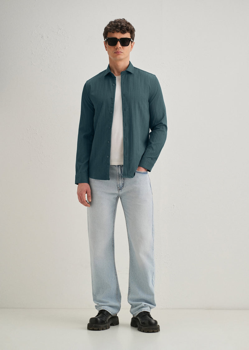 Ocean Green Plain Self Striped Shirt