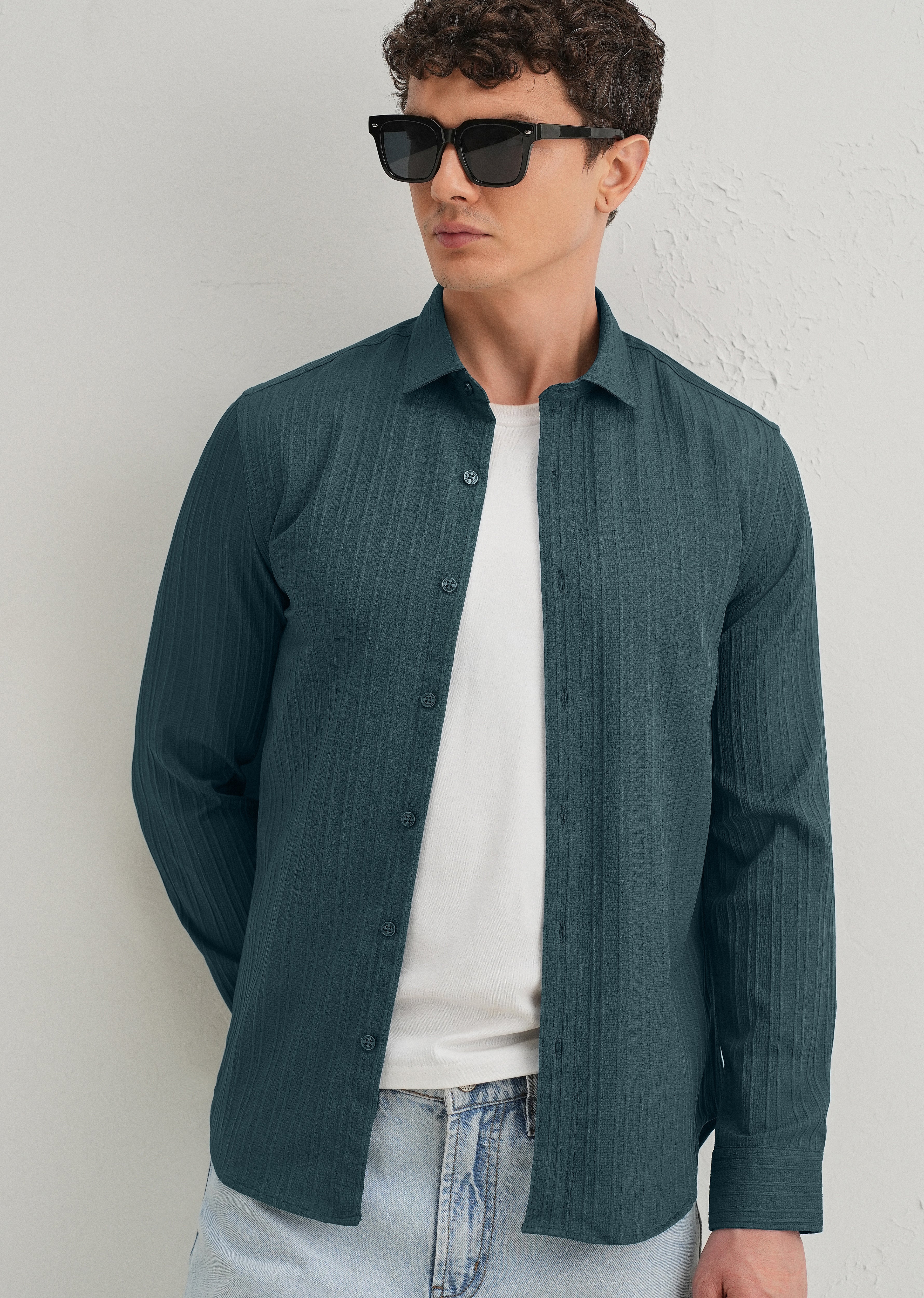 Ocean Green Plain Self Striped Shirt