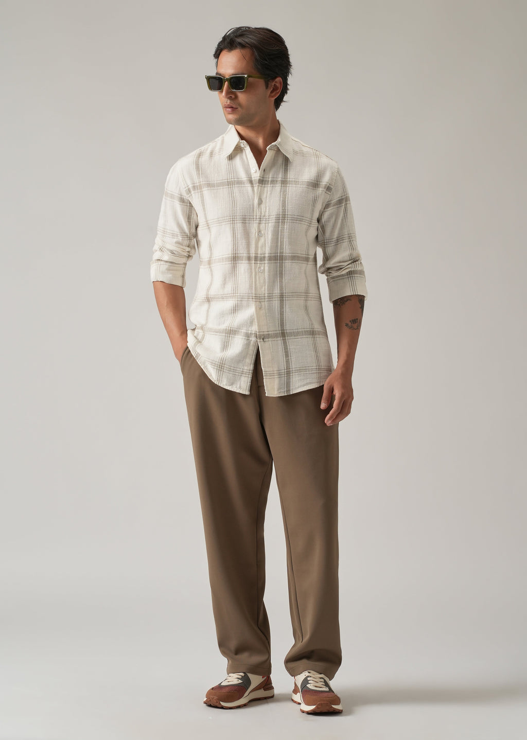 Off White Cotton Linen Check shirt