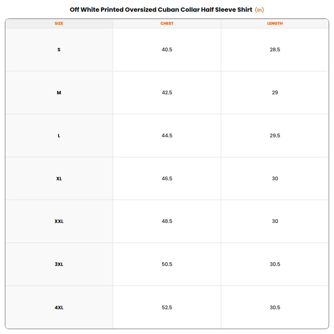 Size chart - Off White Printed Oversized Cuban Collar Half Sleeve Shirt