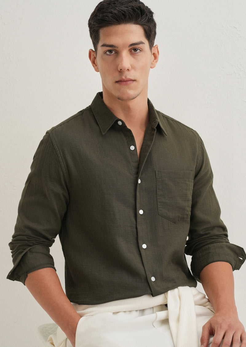 Olive Green Double Cloth Cotton Shirt