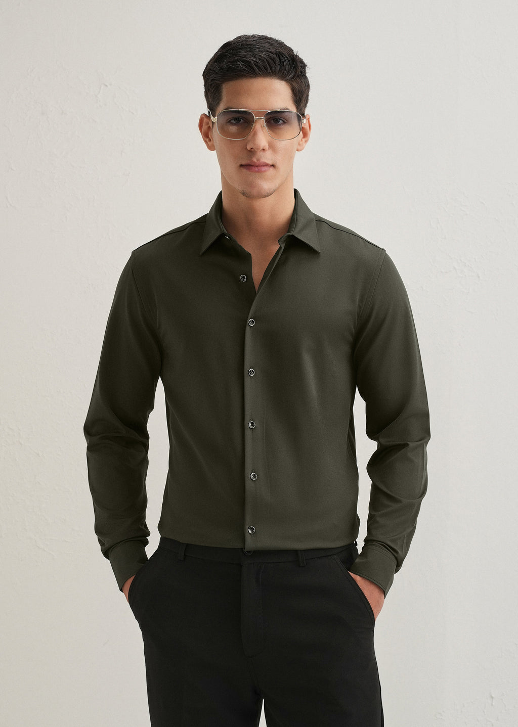 Olive Green Wrinkle Free Plain Shirt