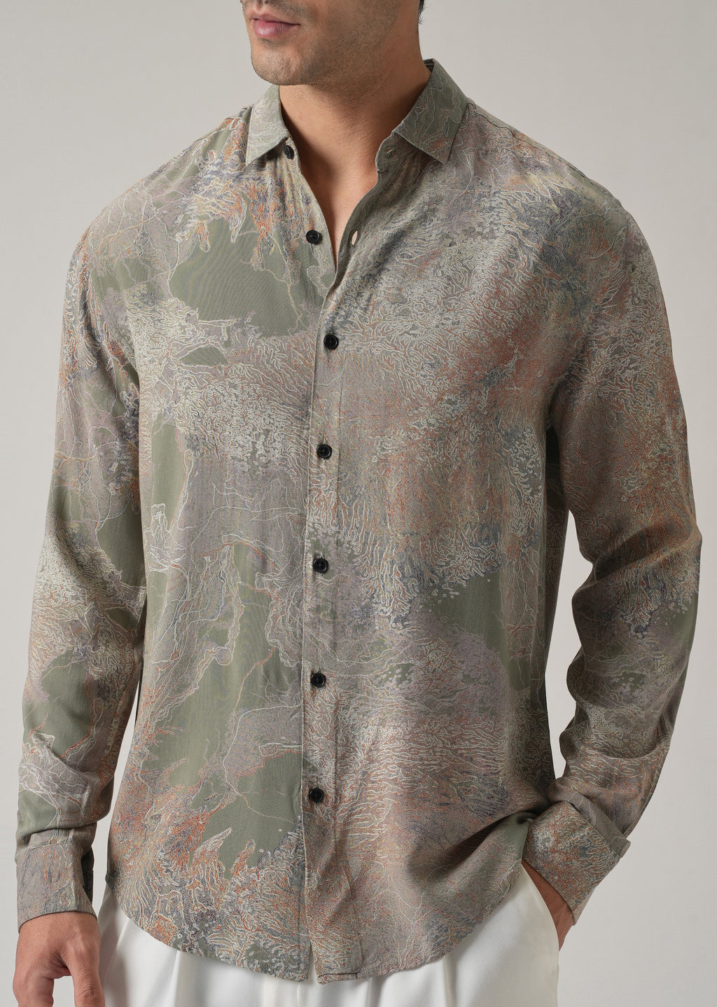Olive Intricate Print Feather Shirt