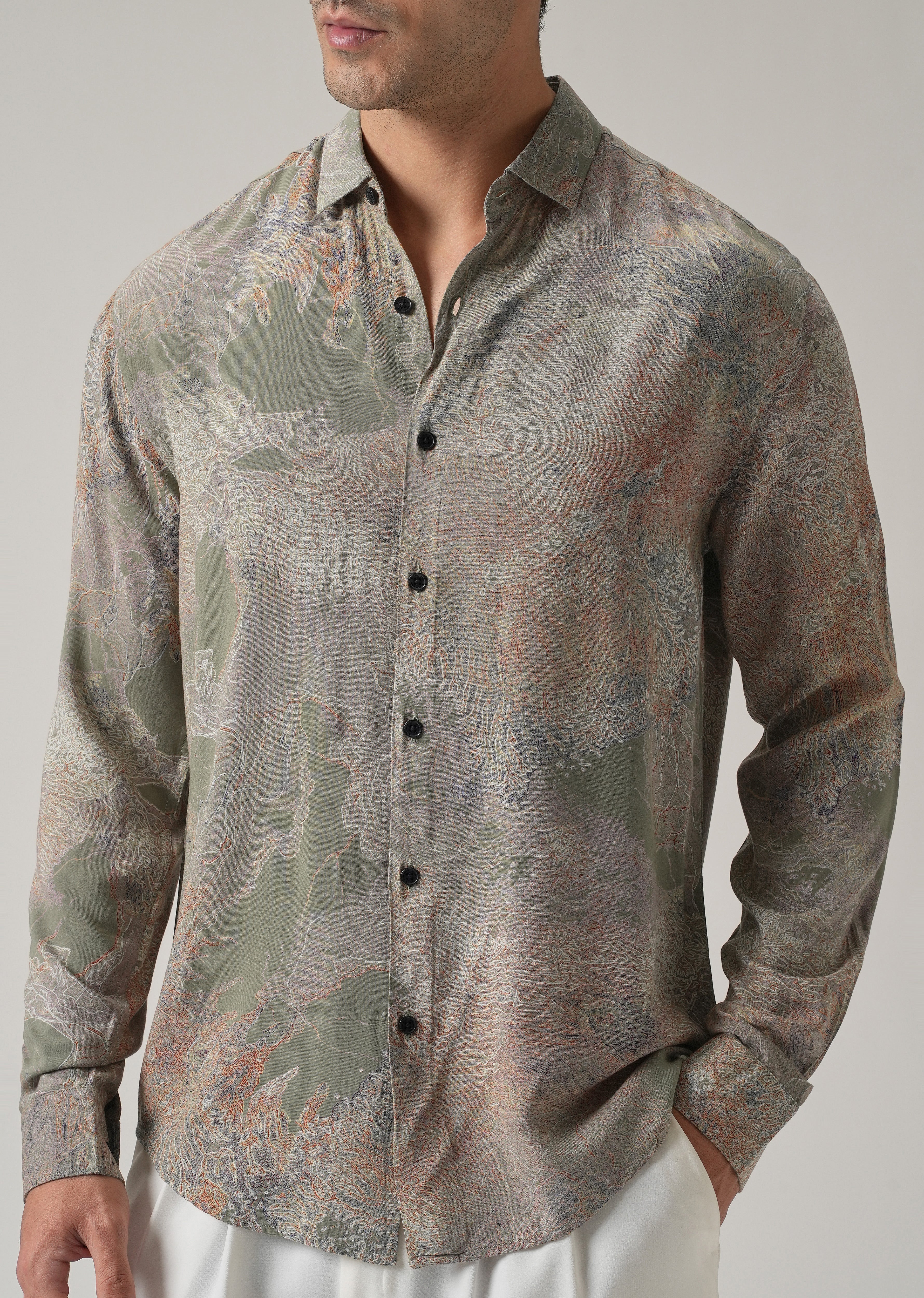Olive Intricate Print Feather Shirt