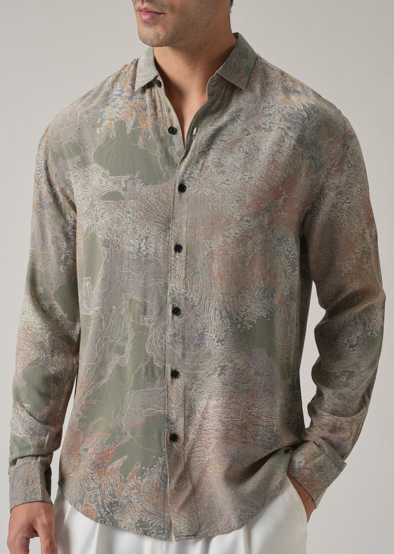 Olive Intricate Print Feather Shirt