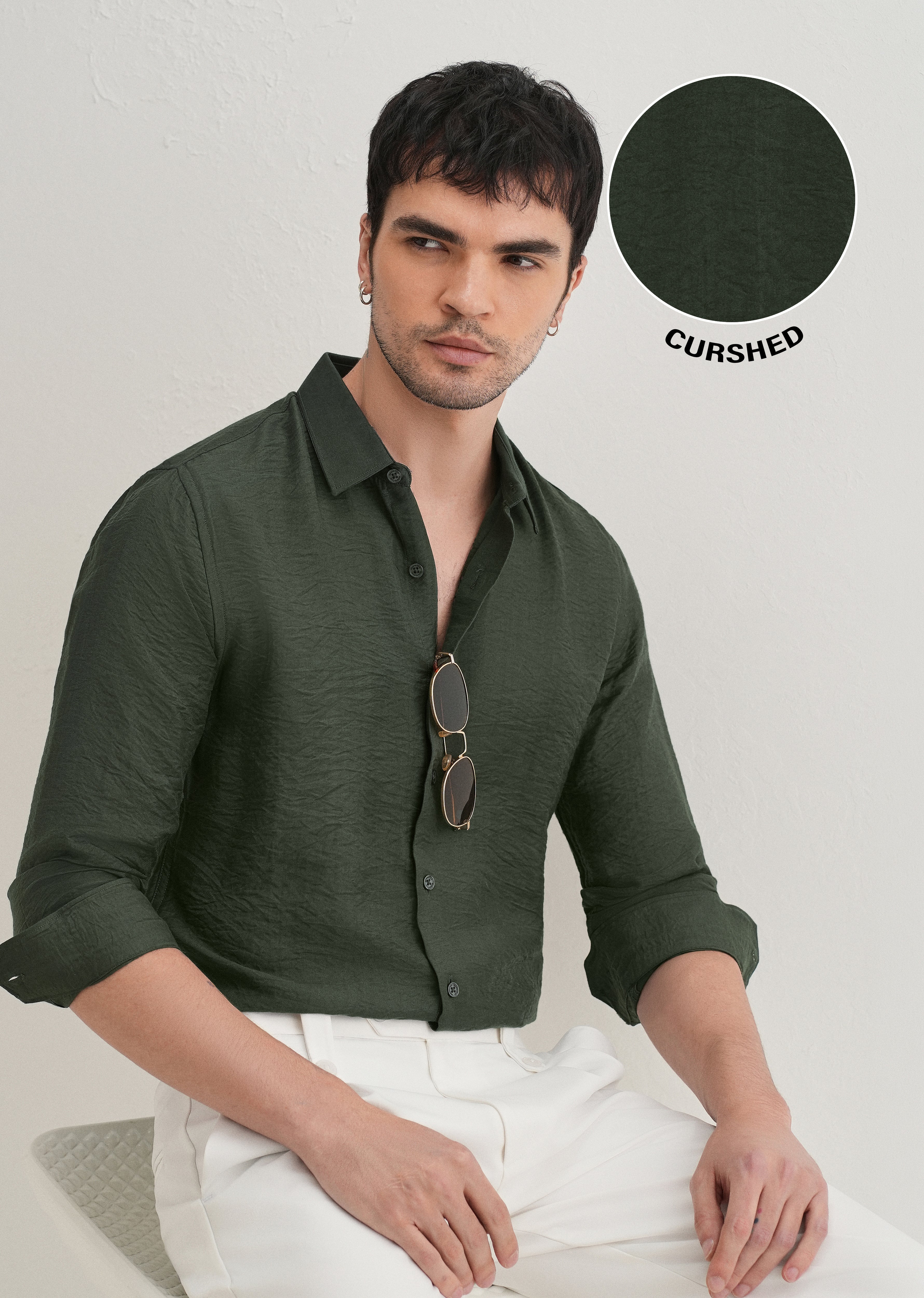 Olive Plain Crushed Satin Shirt