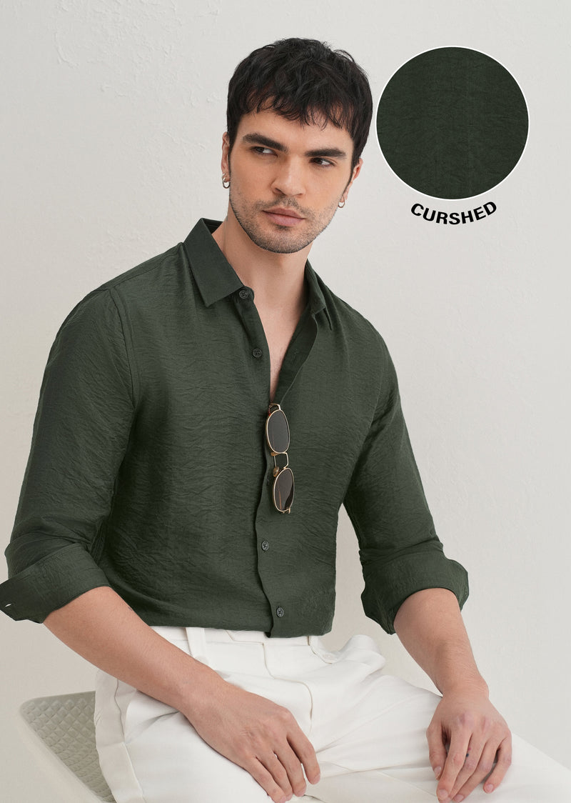Olive Plain Crushed Satin Shirt