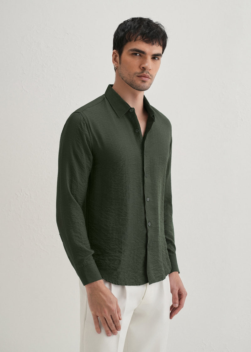 Olive Plain Crushed Satin Shirt