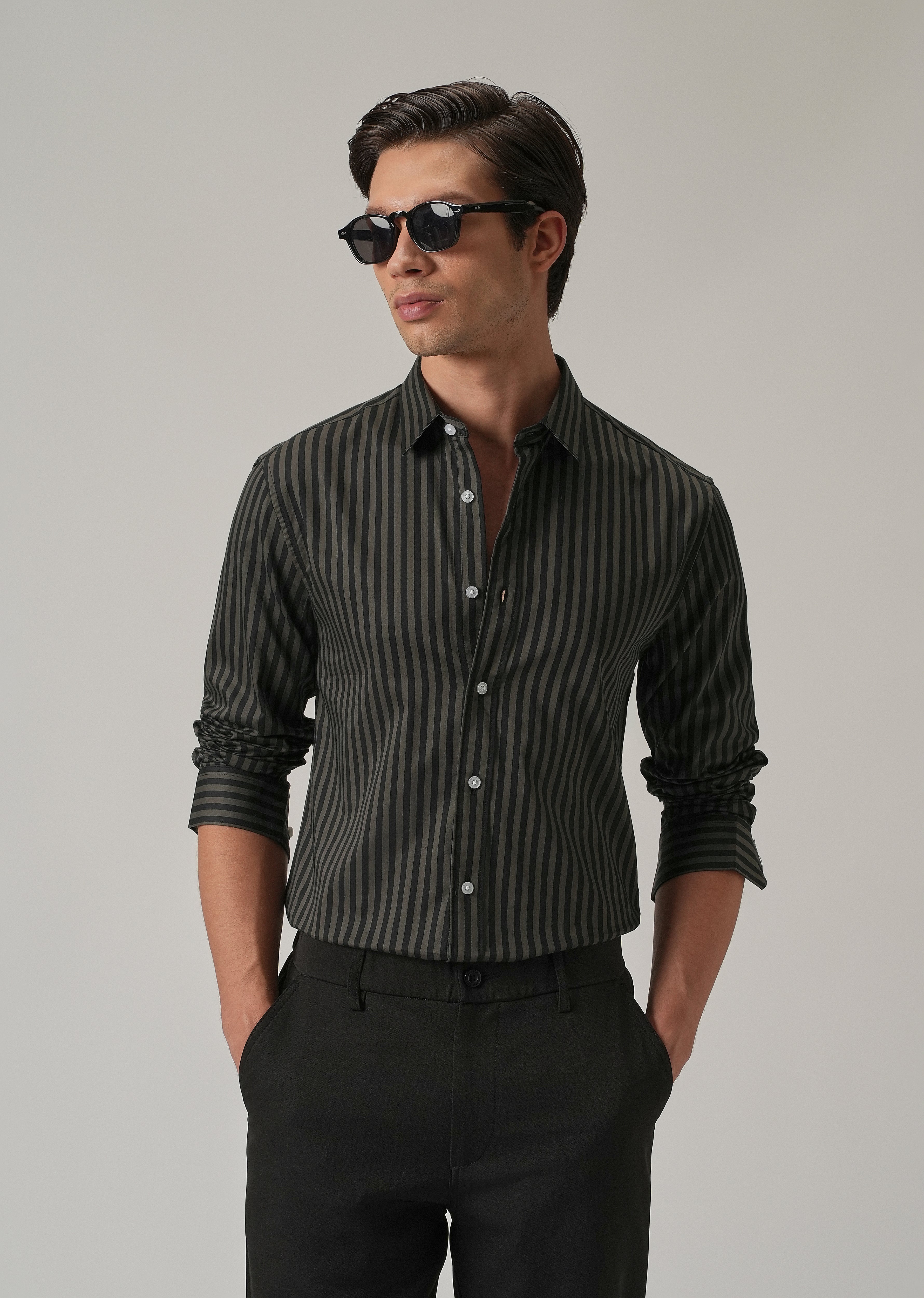 Olive Satin Pin Stripe Shirt