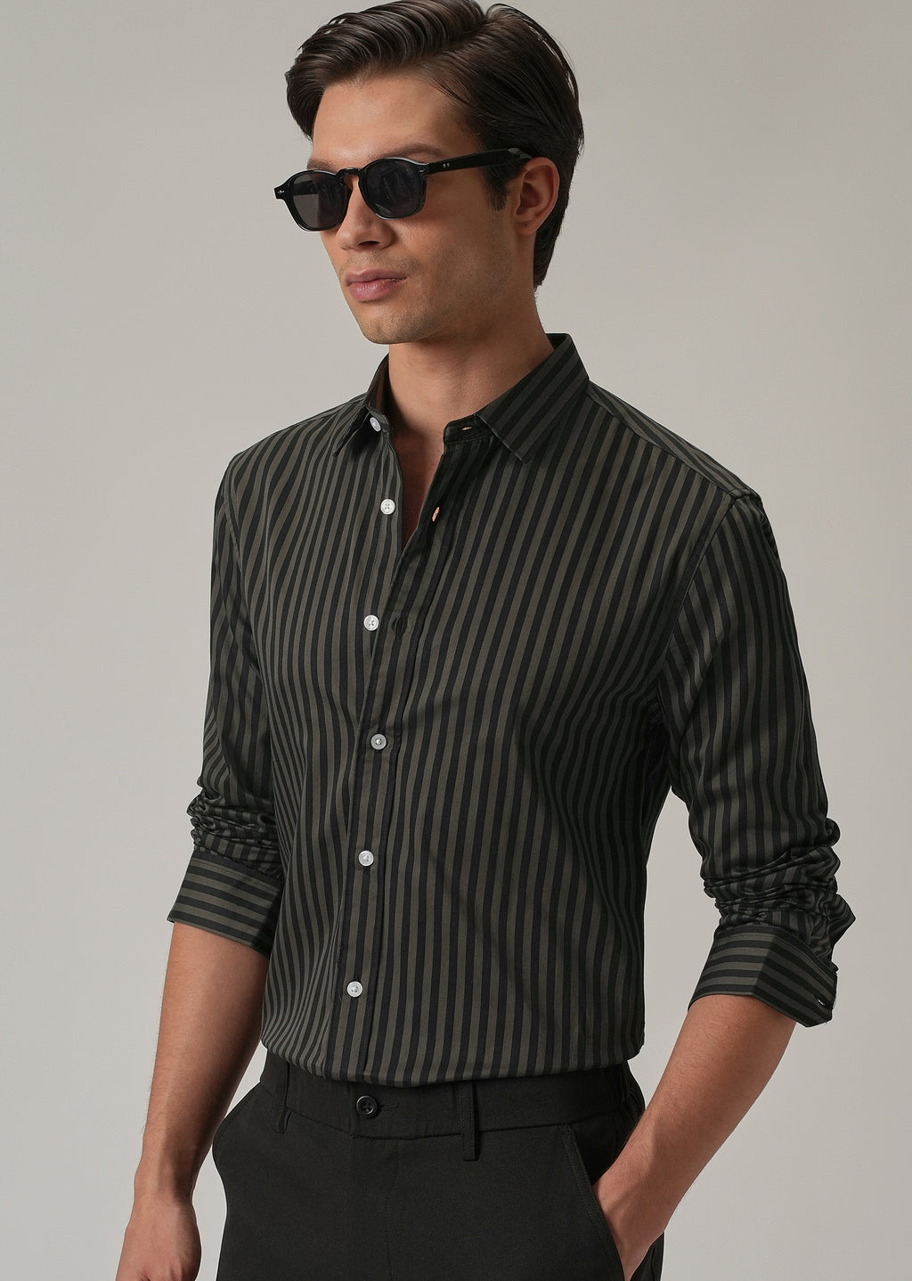 Olive Satin Pin Stripe Shirt