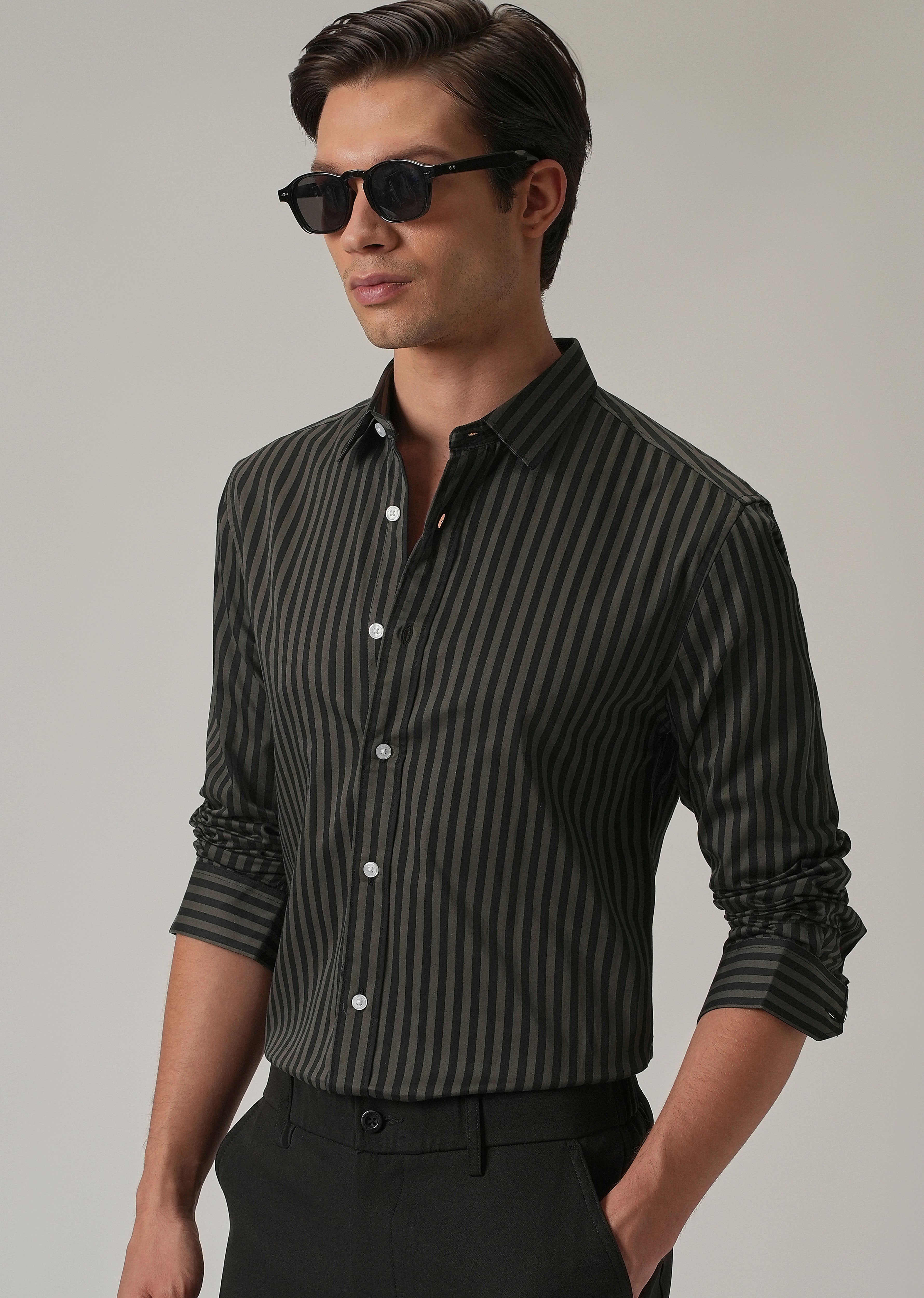 Olive Satin Pin Stripe Shirt