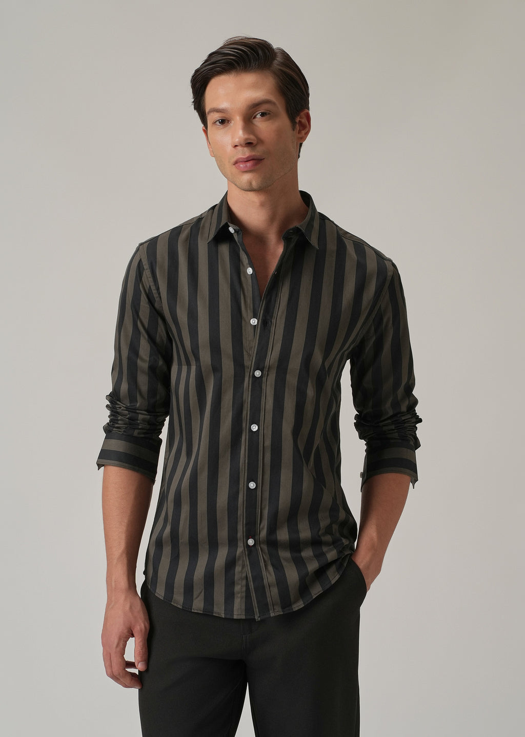 Olive Satin Striped Shirt