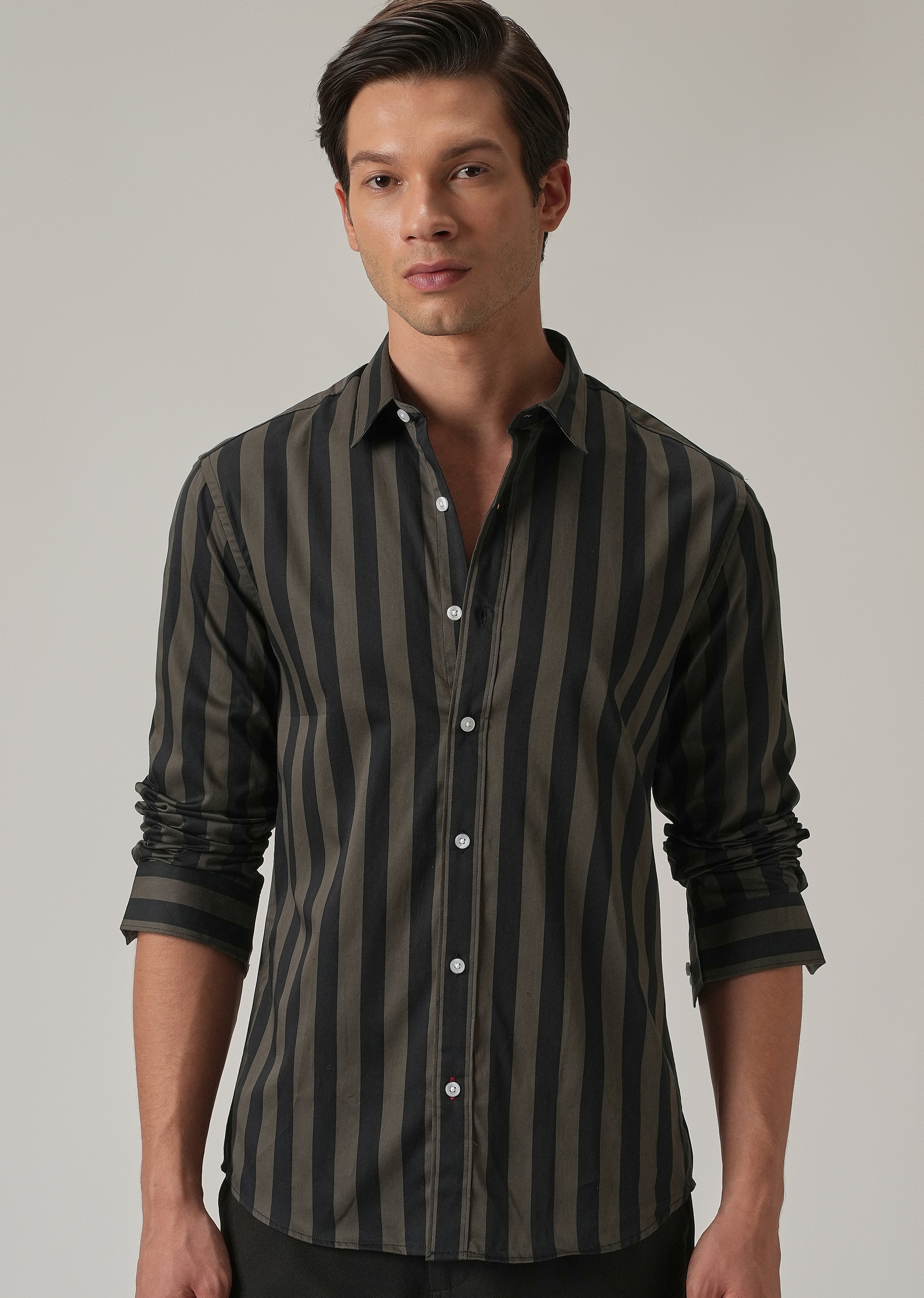 Olive Satin Striped Shirt