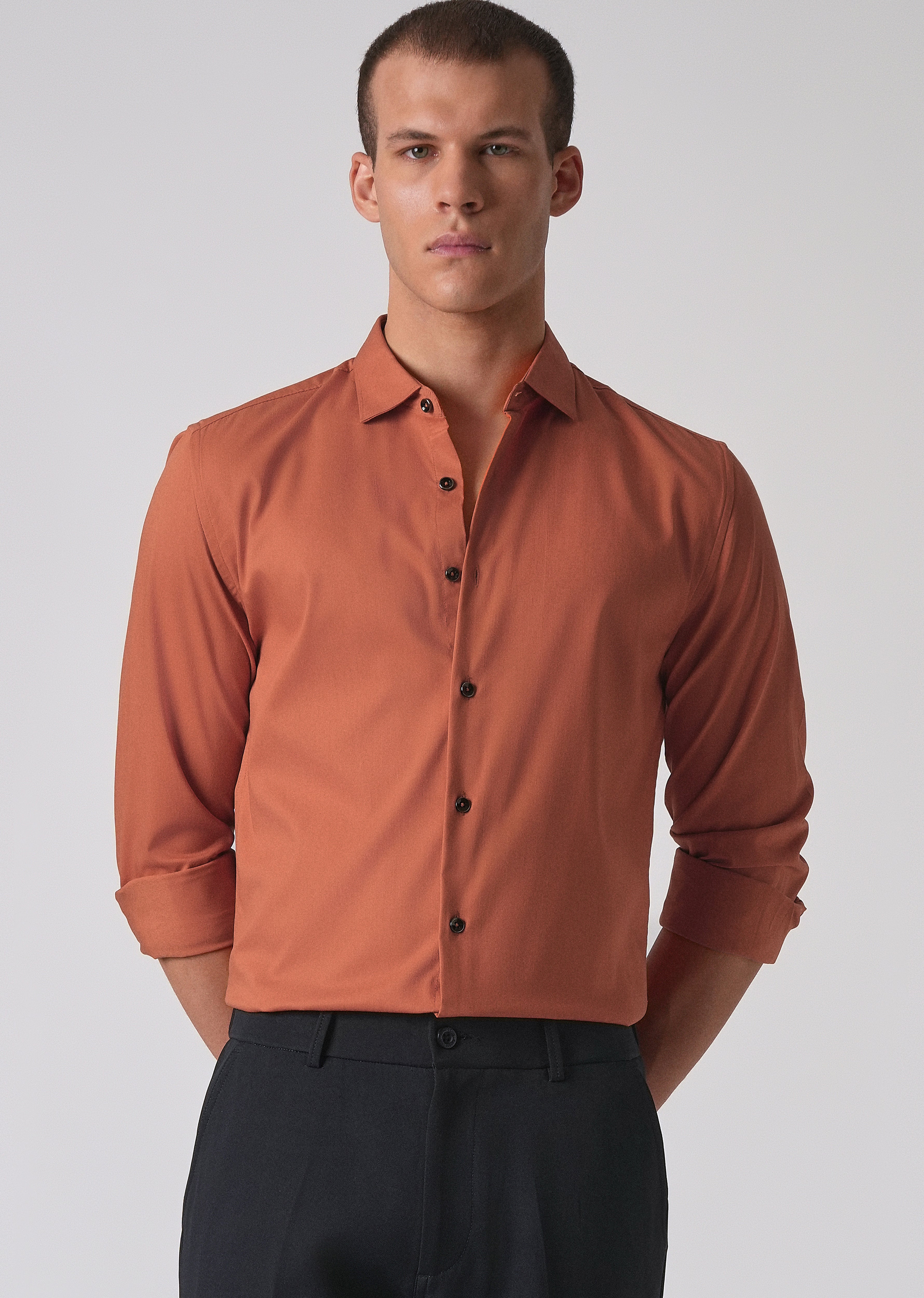 Orange Cotton Stretch Plain Shirt