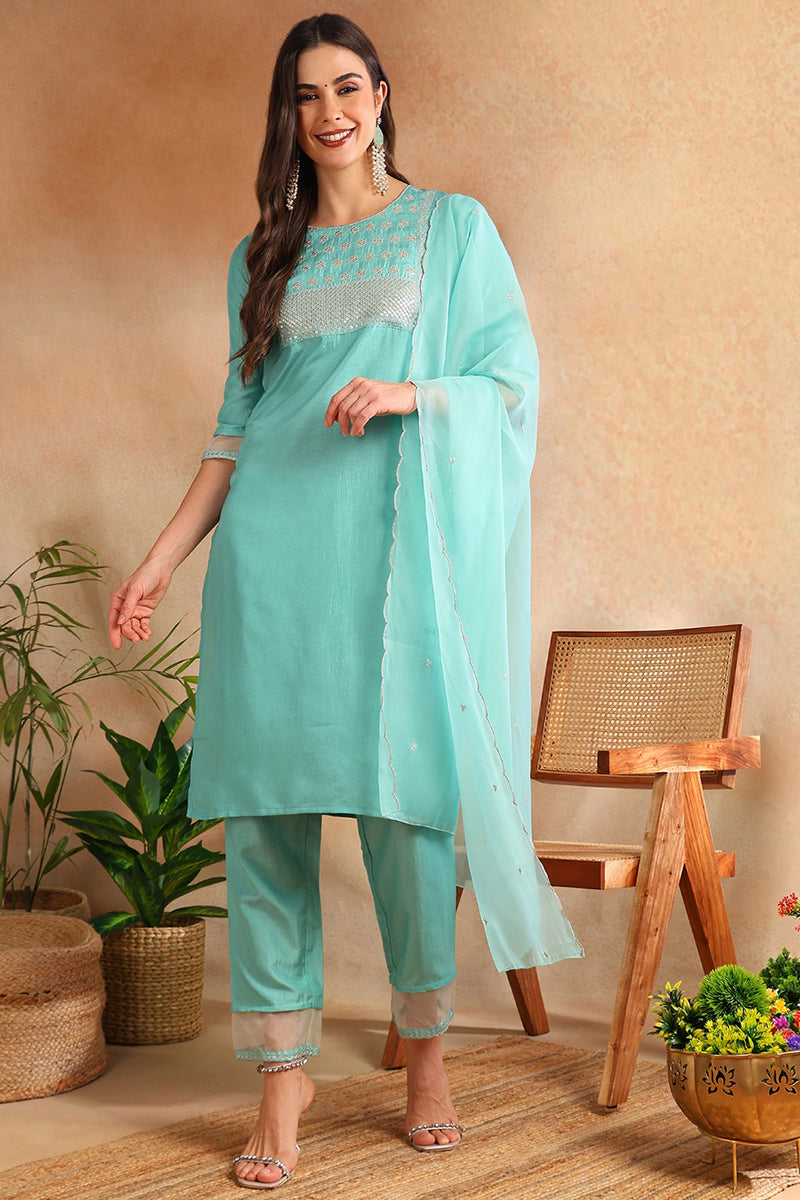 Turquoise Blue Poly Silk Solid Yoke Design Suit Set - Turquoise Blue