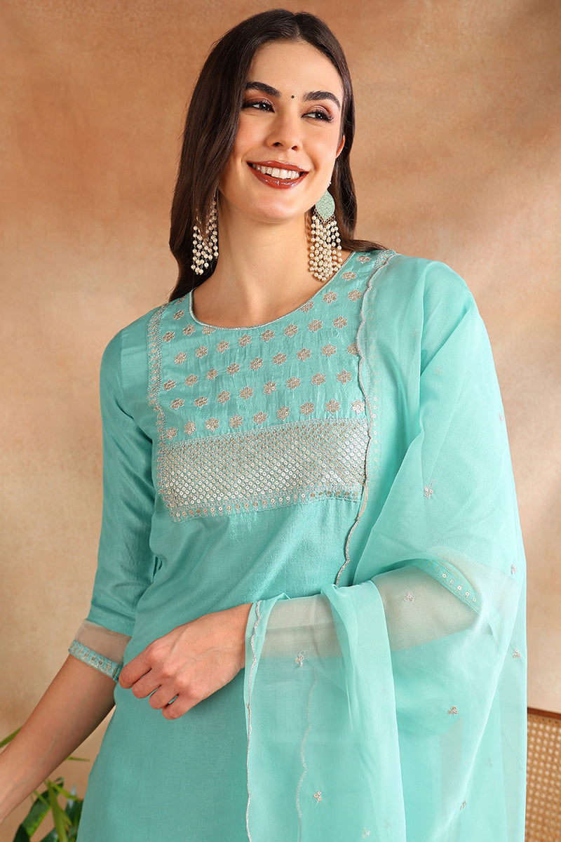 Turquoise Blue Poly Silk Solid Yoke Design Suit Set - Turquoise Blue