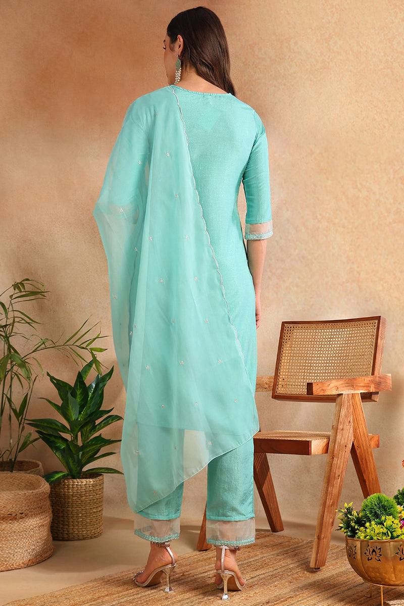 Turquoise Blue Poly Silk Solid Yoke Design Suit Set - Turquoise Blue
