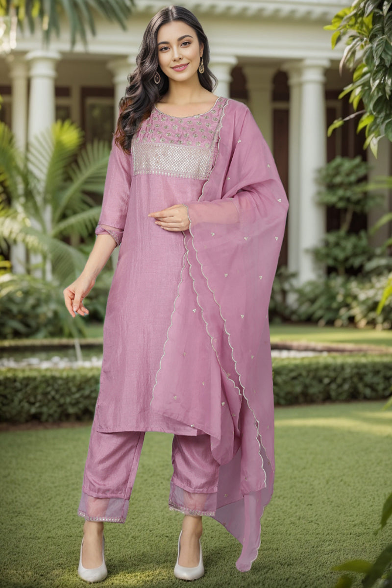 Mauve Poly Silk Solid Sequin Straight Suit Set - Mauve