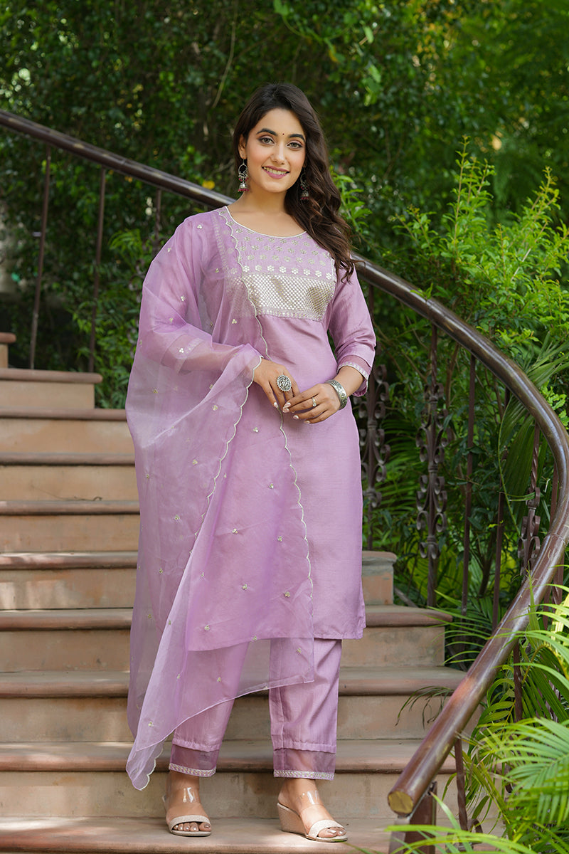 Mauve Poly Silk Solid Sequin Straight Suit Set - Mauve