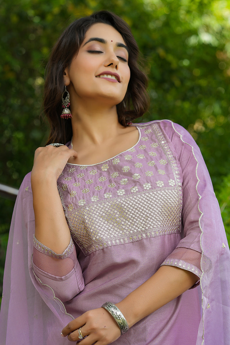 Mauve Poly Silk Solid Sequin Straight Suit Set - Mauve
