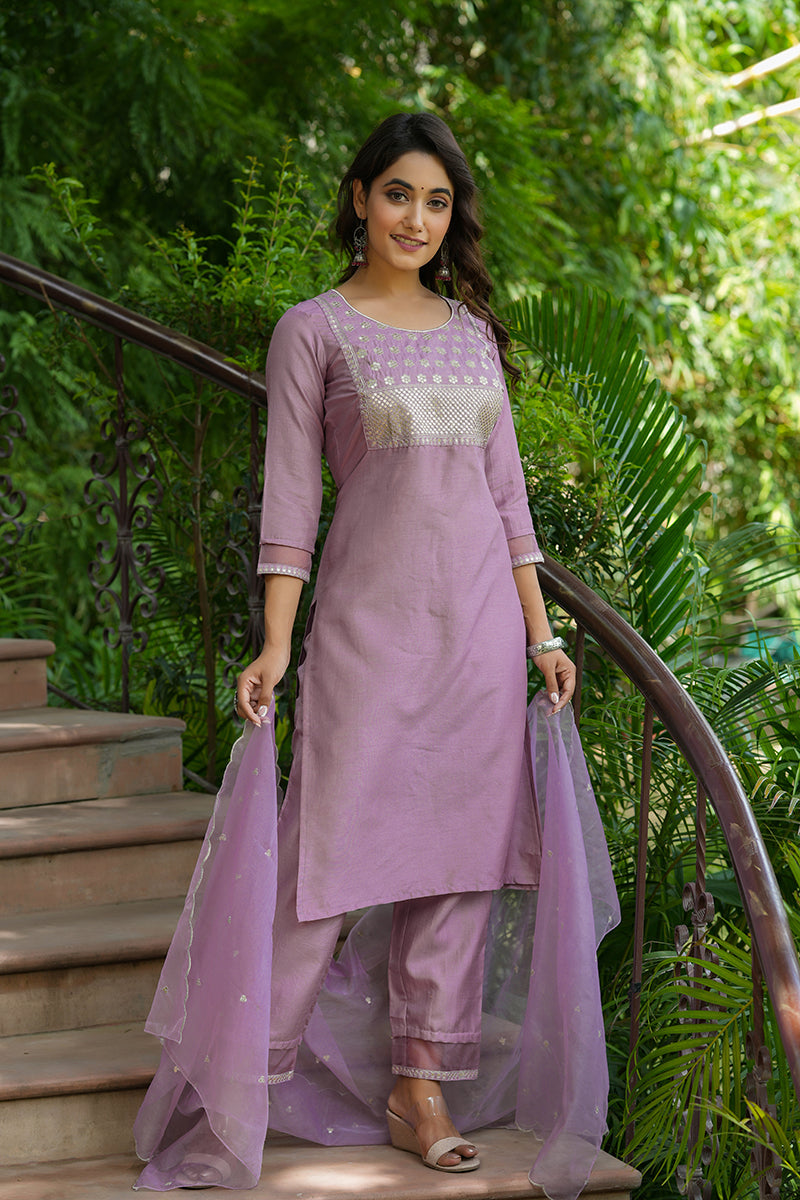 Mauve Poly Silk Solid Sequin Straight Suit Set - Mauve