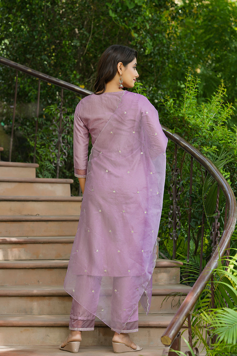 Mauve Poly Silk Solid Sequin Straight Suit Set - Mauve