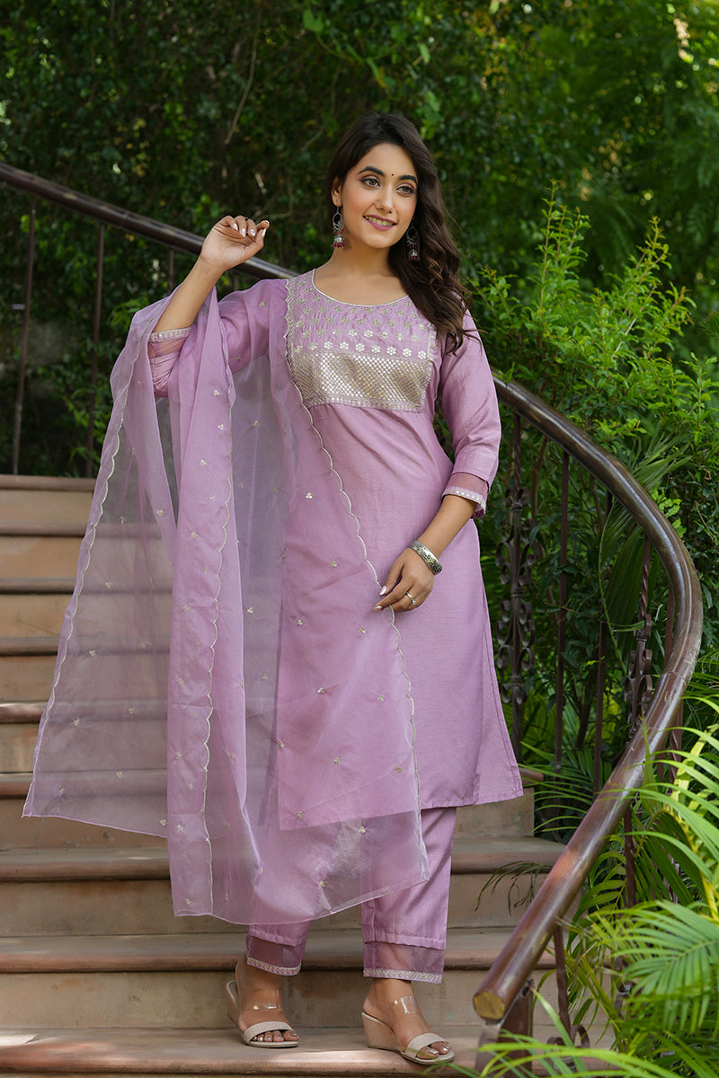 Mauve Poly Silk Solid Sequin Straight Suit Set - Mauve