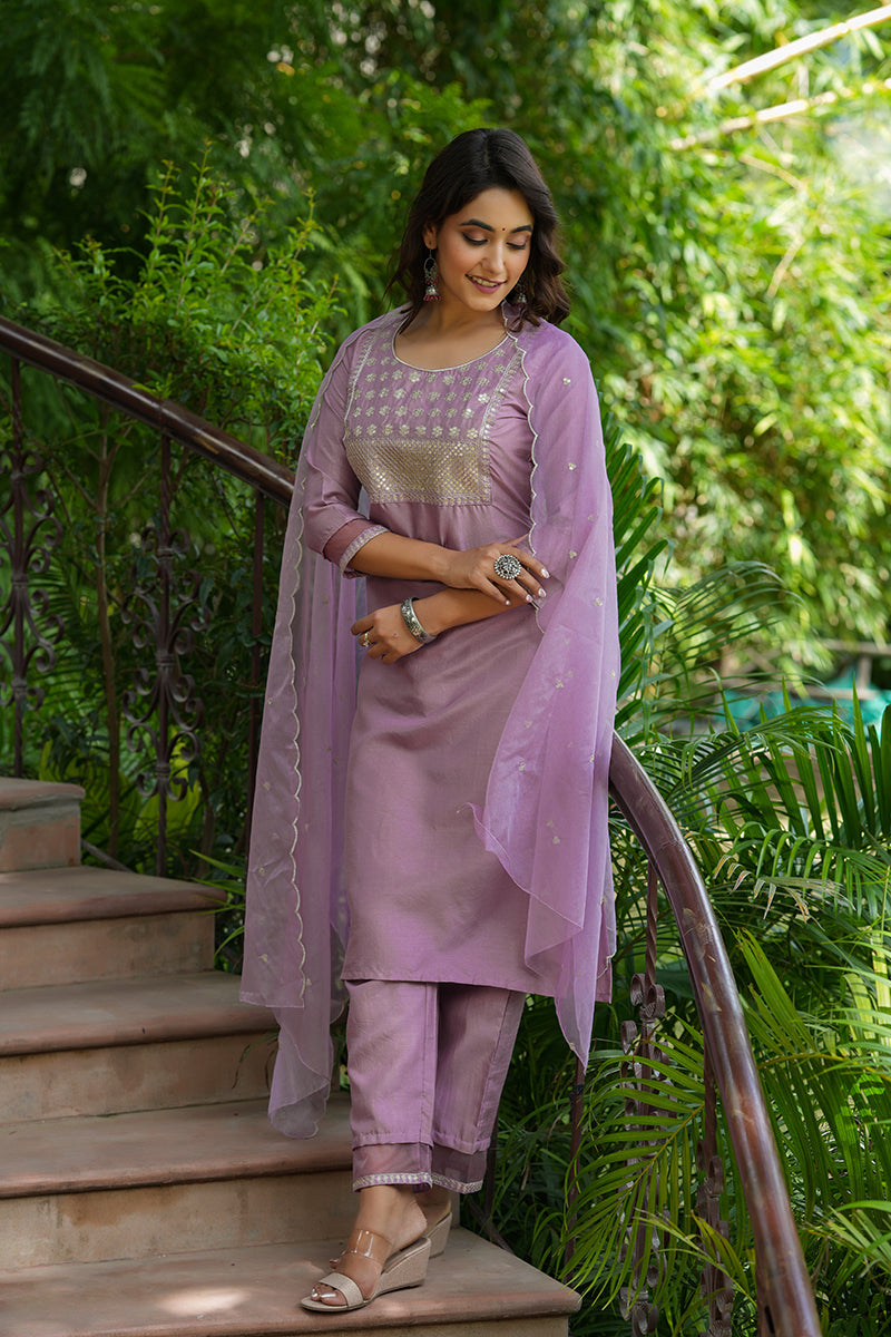 Mauve Poly Silk Solid Sequin Straight Suit Set - Mauve